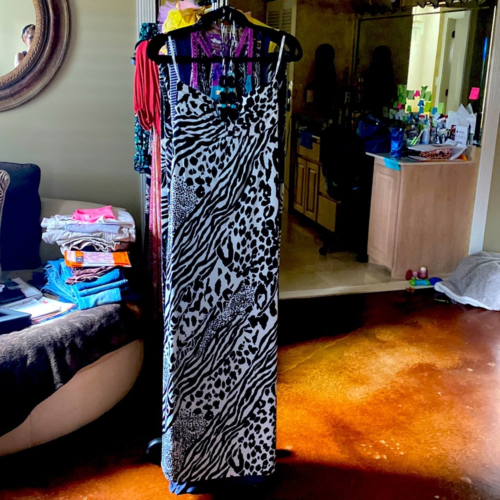 Black and white maxi sundress with jewel collar